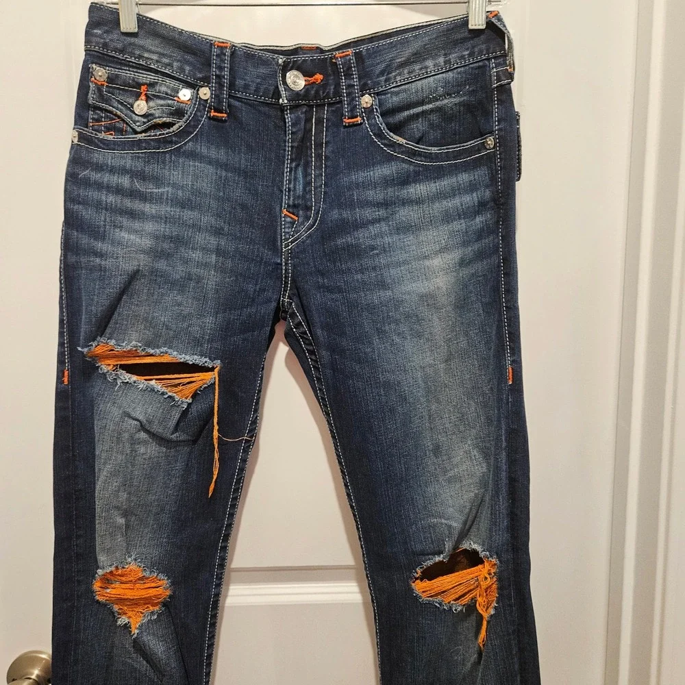 True Religion Jeans Mens 32 Blue Straight Flap Orange Stitch Distressed Ripped